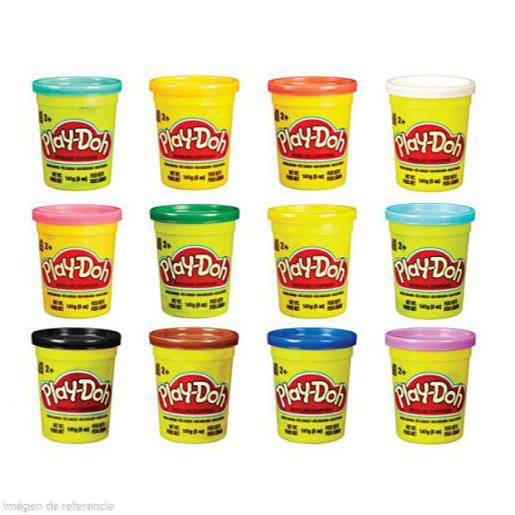 Tarros de Play-Doh de colores variados, juego creativo para niños.
