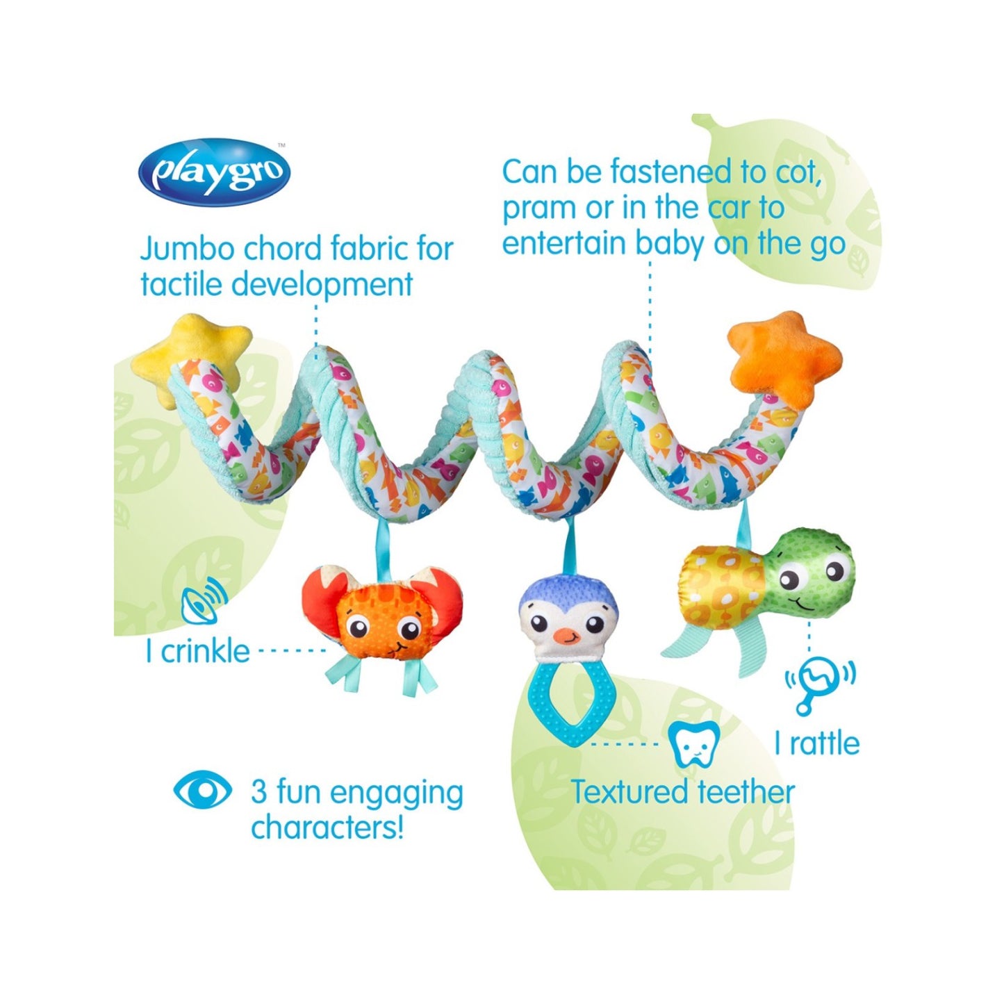 Juguete Playgro en colores suaves, accesorios para cuna o cochecito, desarrollo táctil