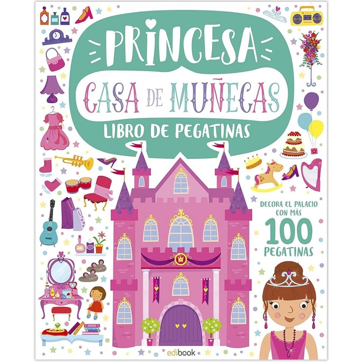 Libro de pegatinas Princesa Casa de Muñecas, ilustración con palacio rosa