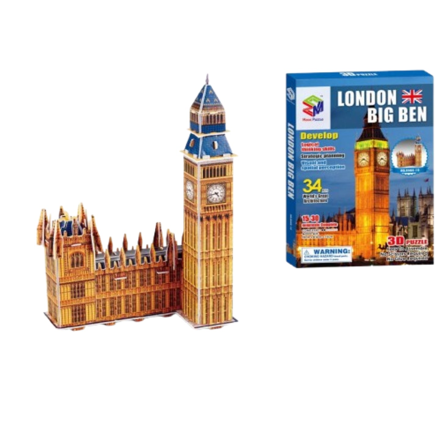 Puzle 3D Big Ben Londres, modelo de la famosa torre con detalles realistas