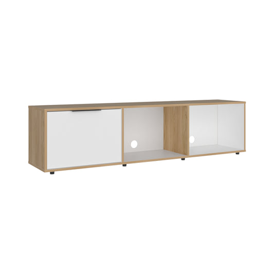 rack de madera clara con puertas blancas y compartimentos abiertos