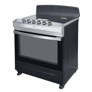 Estufa eléctrica vitrocerámica 4 quemadores RCA en color negro con diseño moderno y horno incorporado