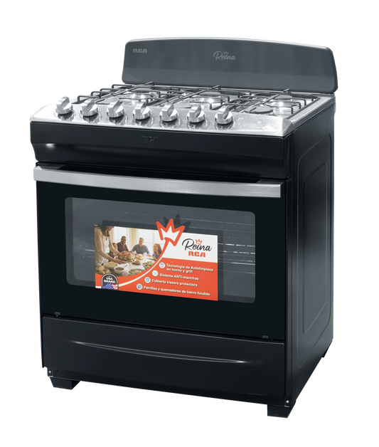Estufa RCA negra con quemadores de gas y ventana frontal, cocina moderna