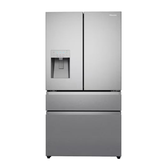 Refrigerador Hisense gris frontal con dispensador de agua y congelador inferior