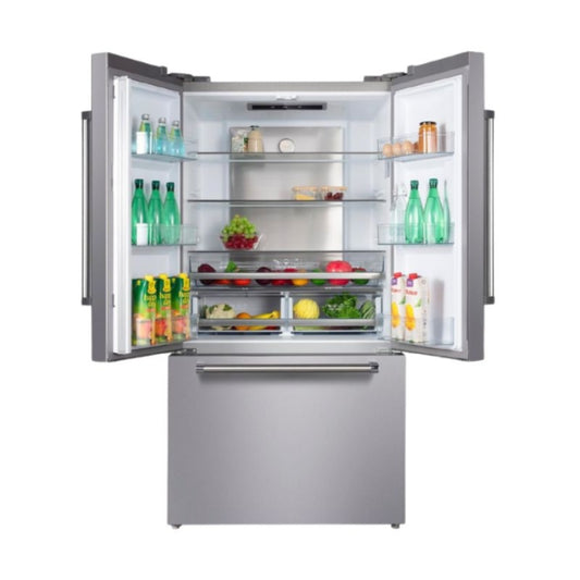 Refrigerador KENMORE gris con puertas dobles, vista interior con alimentos y bebidas