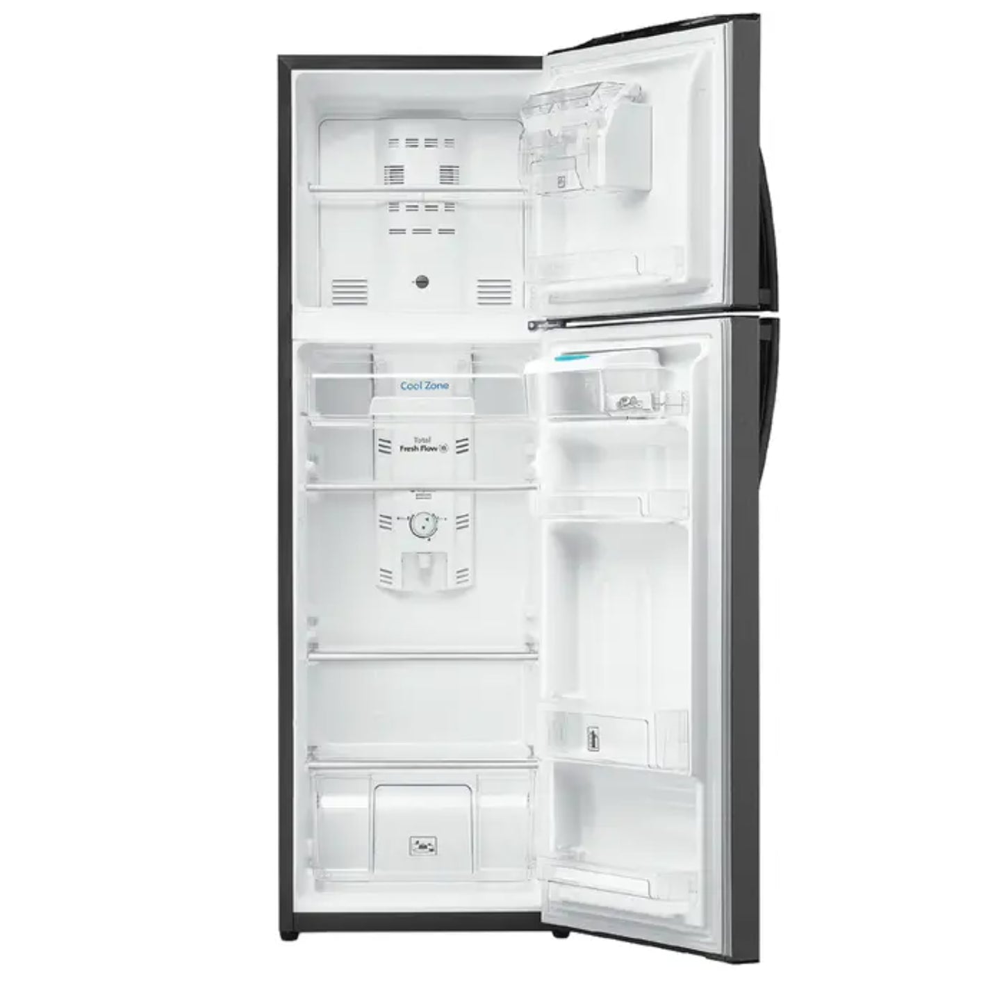 refrigeradora MABE modelo LL010110 vista frontal con estantes internos vacíos