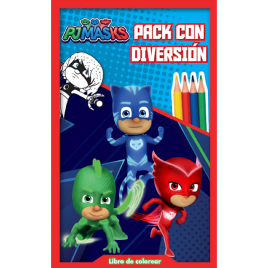 Libro para colorear PJ Masks con personajes en portada y lápices de colores