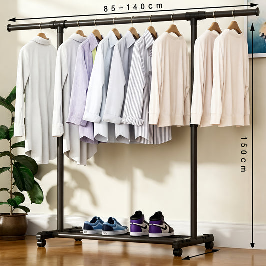 Perchero negro con camisas de ropa y zapatos en la parte inferior, decoración de hogar