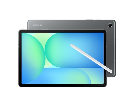 Tablet Samsung gris con lápiz óptico en vista frontal y trasera