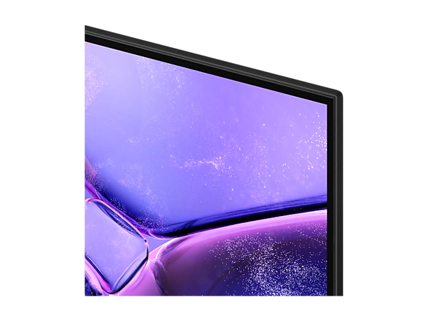 Pantalla del televisor Samsung 85 pulgadas 4K mostrando un colorido fondo violeta brillante