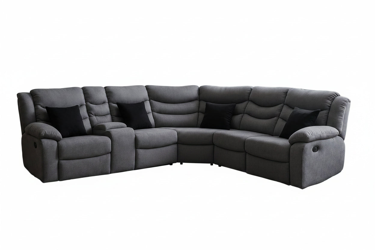 seccional reclinable gris plata, vista frontal, cómodo y moderno