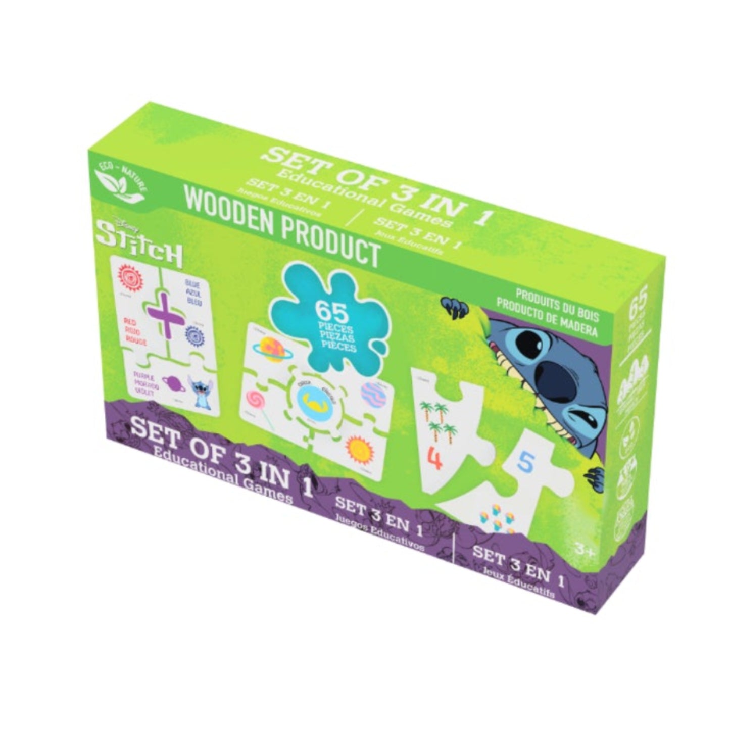 Juego educativo de madera 3 en 1, colorido, vista frontal con piezas de encaje