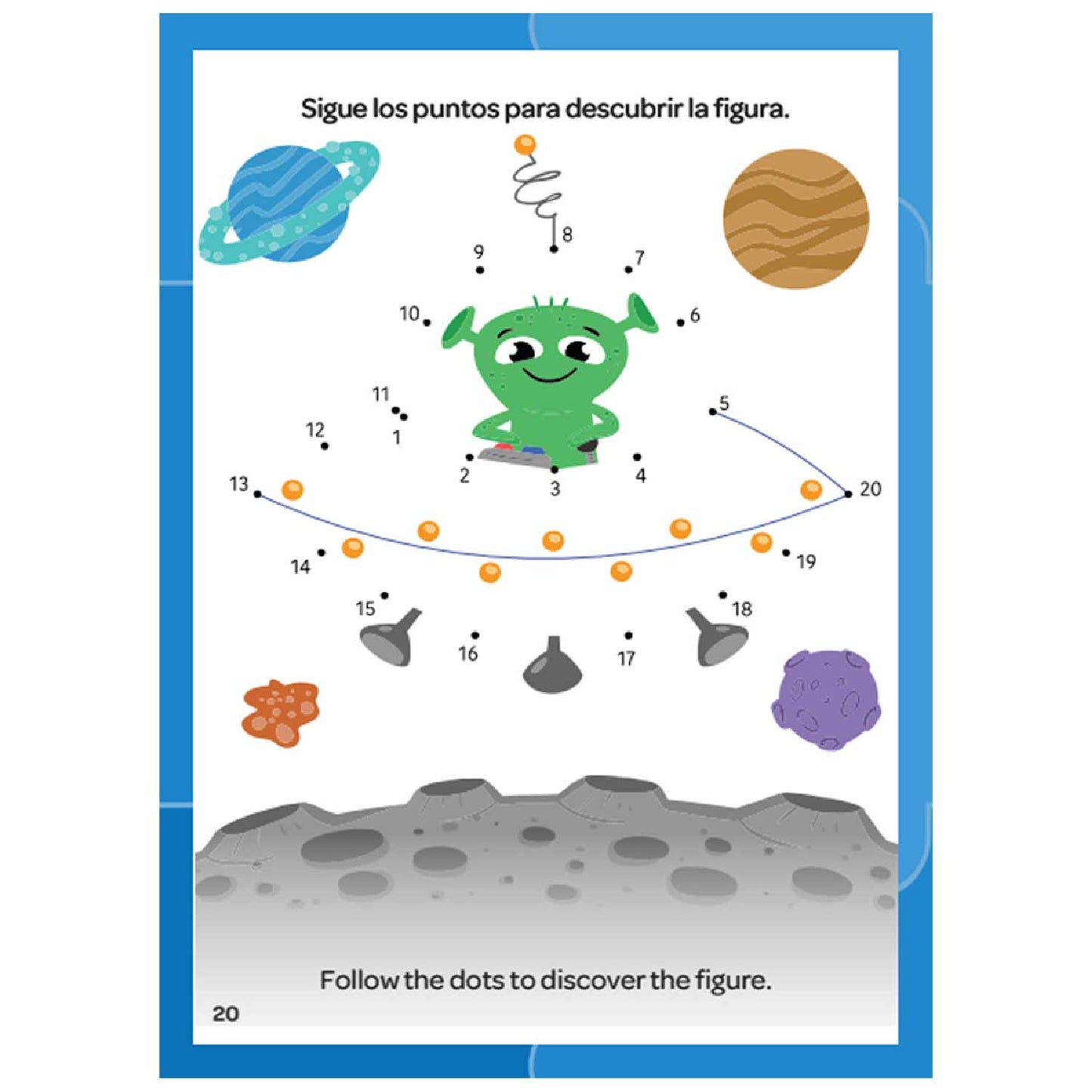 Sigue los puntos para descubrir figura en color verde, espacio con planetas y asteroides