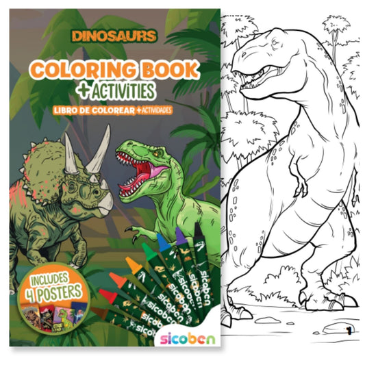 Libro de colorear de dinosaurios con actividades y poster, imagen frontal