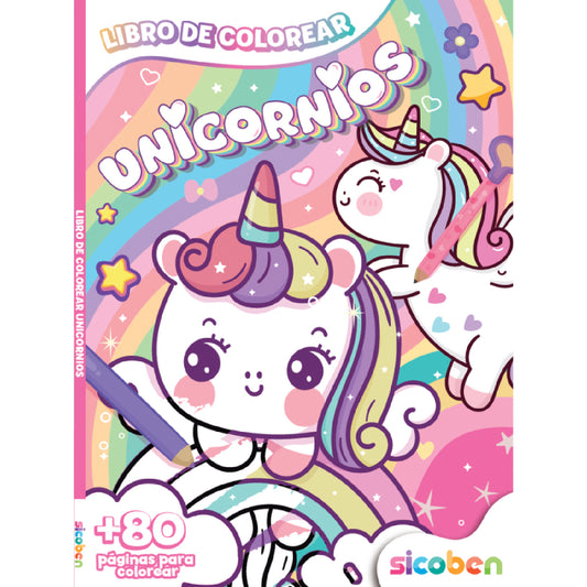 Libro de colorear unicornios, portada colorida con ilustraciones adorables