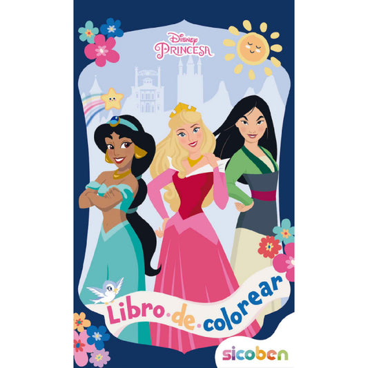 Libro para colorear de princesas Disney, portada con tres personajes icónicos