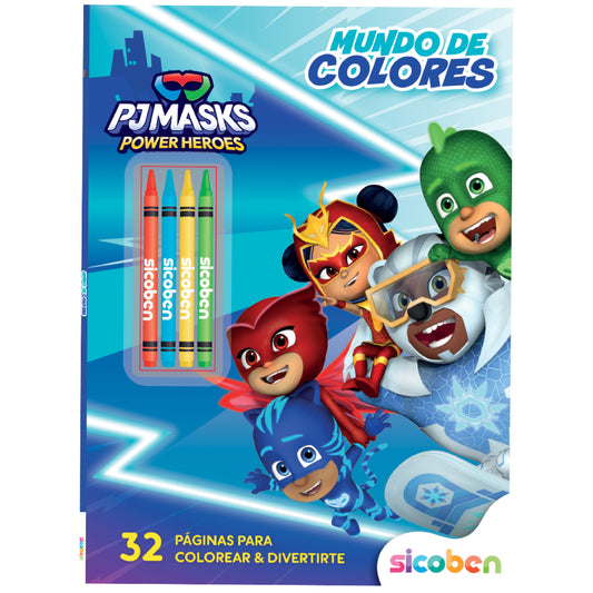 Libro Mundo de Colores de PJ Masks con crayones en portada