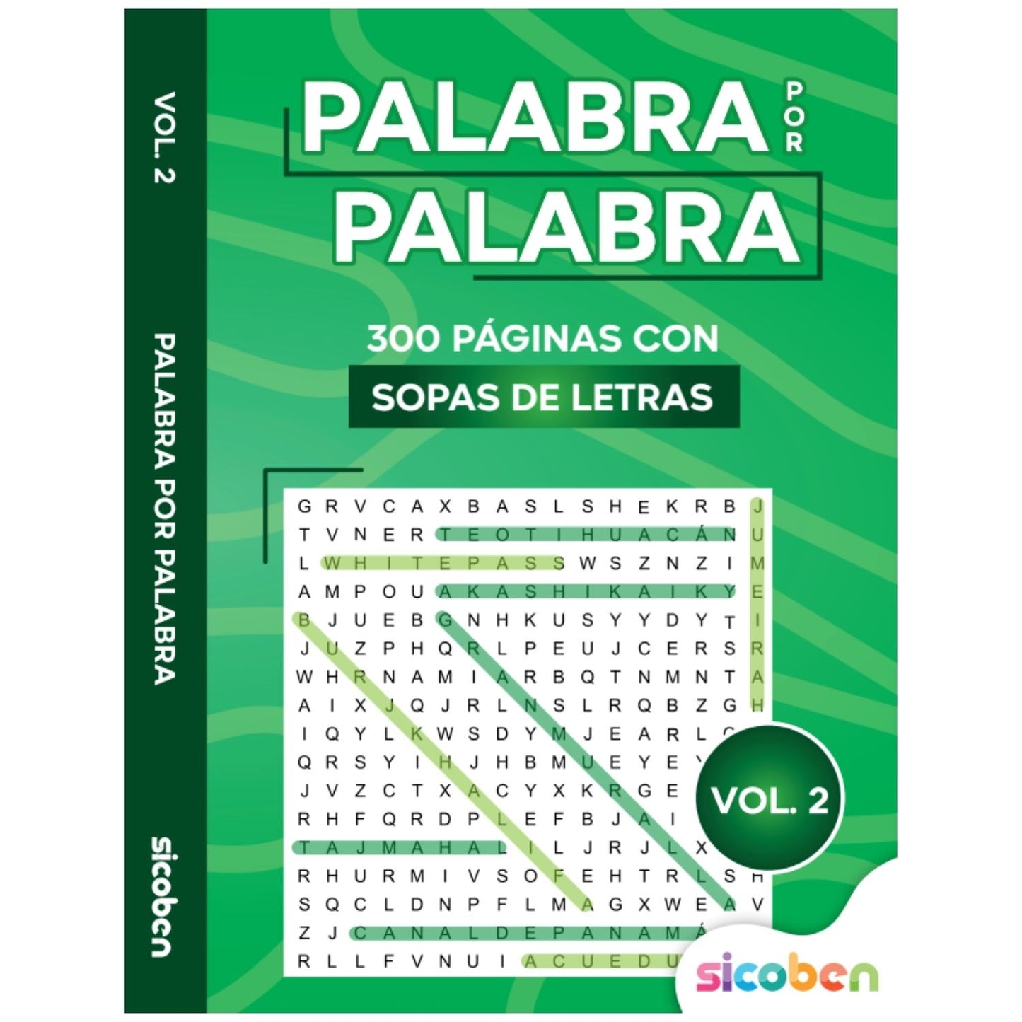 Libro de sopas de letras Volumen 2, 300 páginas, diseño verde