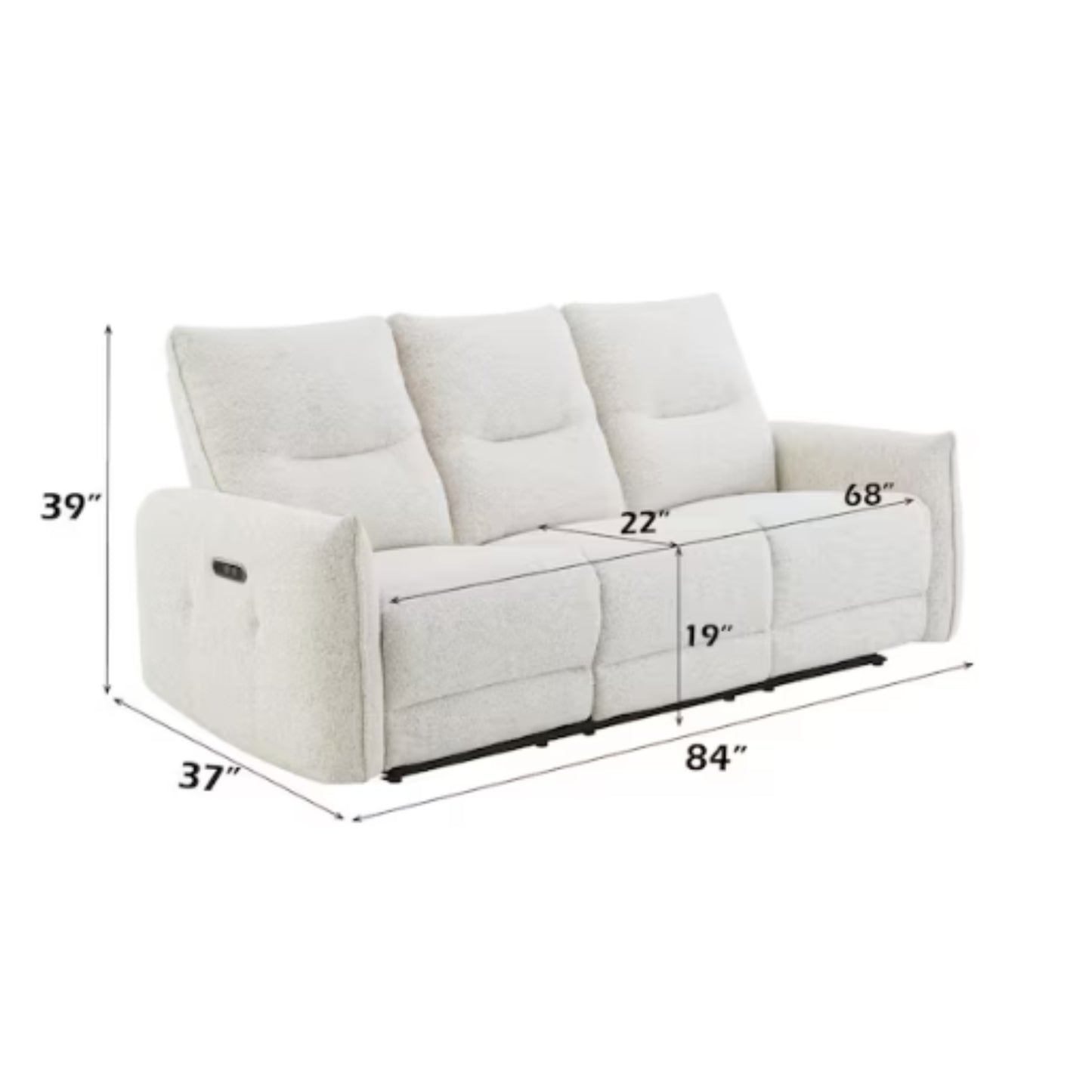 Sofá reclinable blanco lateral, salón acogedor, con medidas de confort