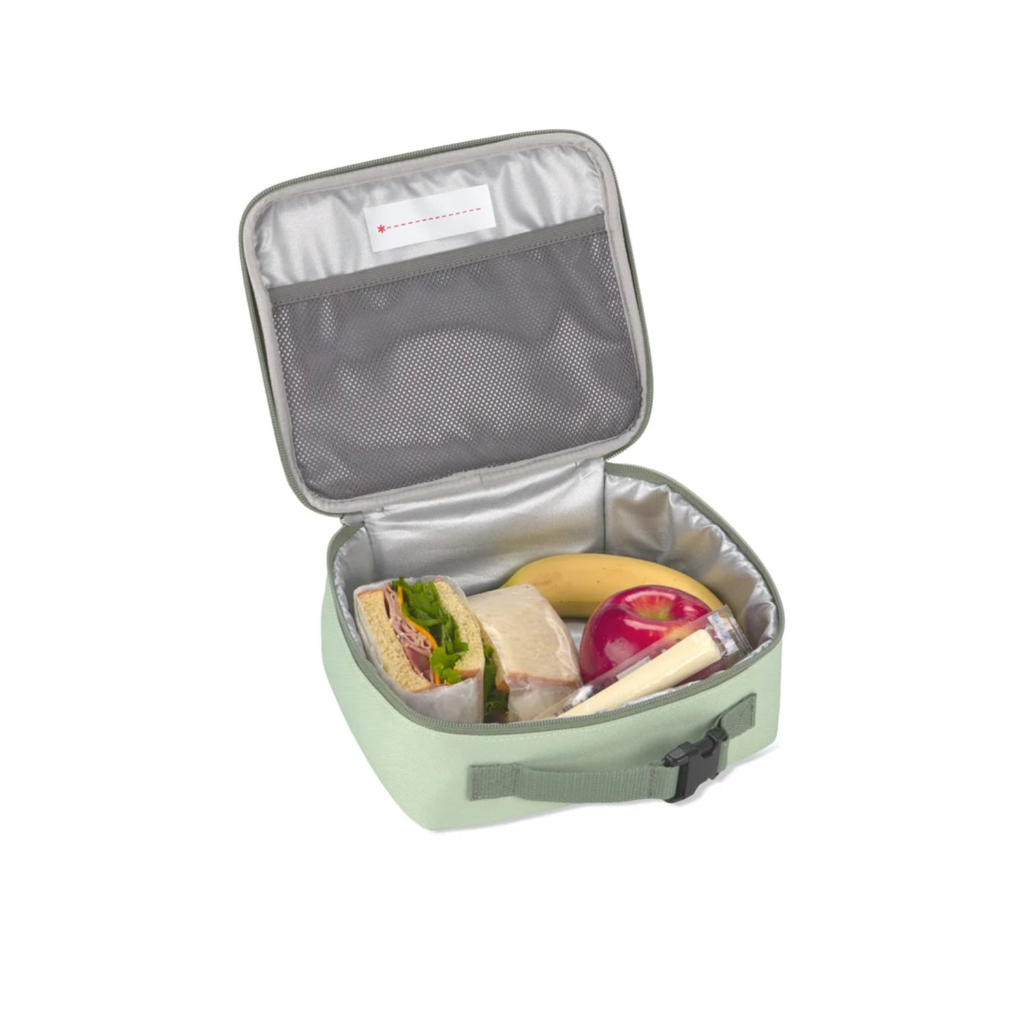 Lonchera verde SKIP*HOP abierta con sándwiches y fruta