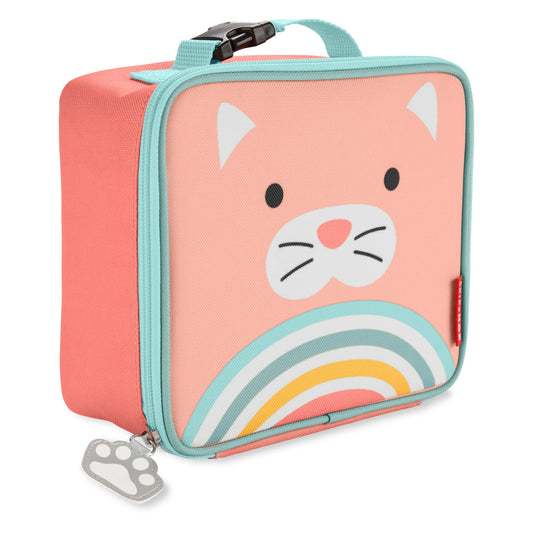 Lonchera infantil rosa con diseño de gato y arcoíris, ideal para llevar a la escuela