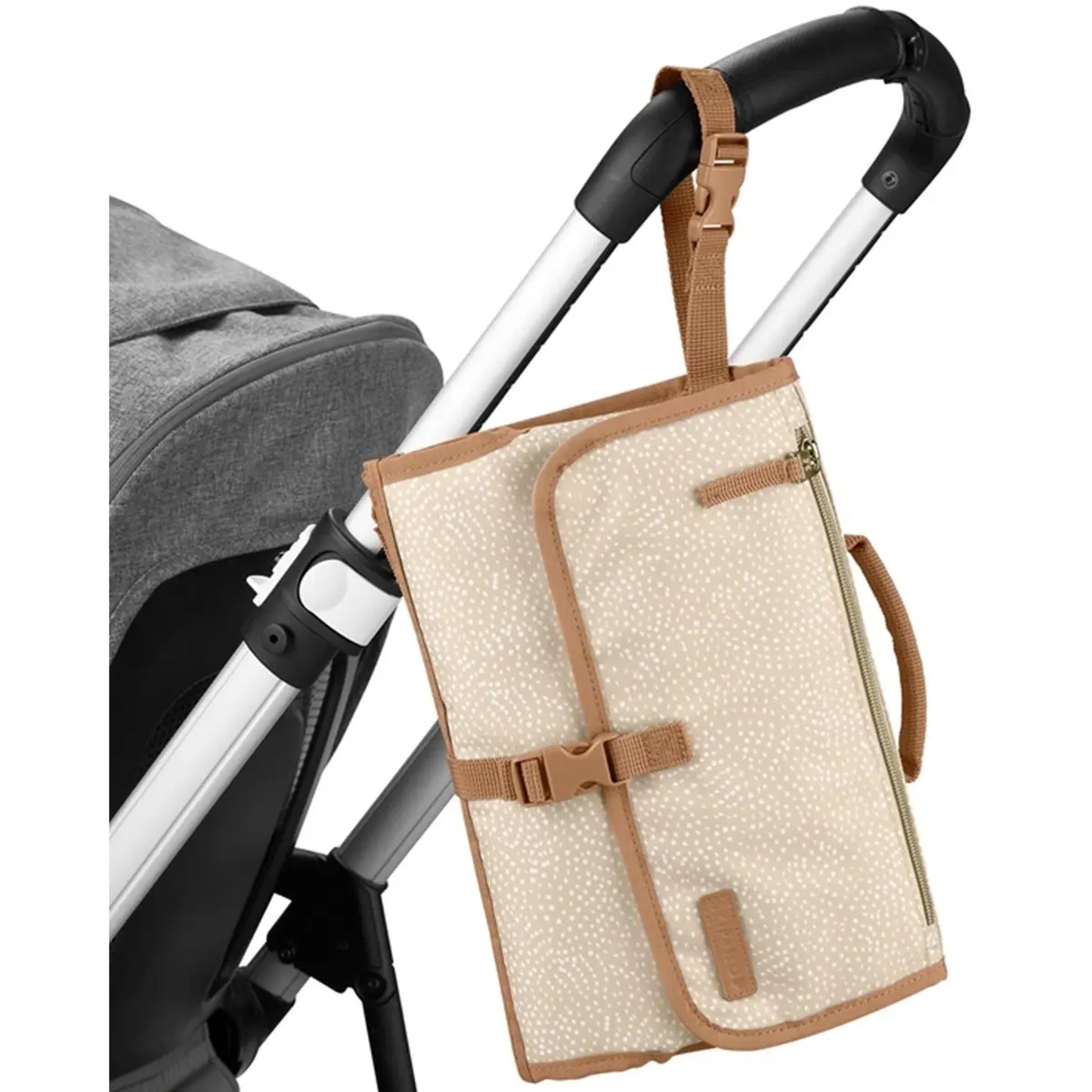 Bolsa organizadora beige para cochecito, vista lateral, ideal para padres