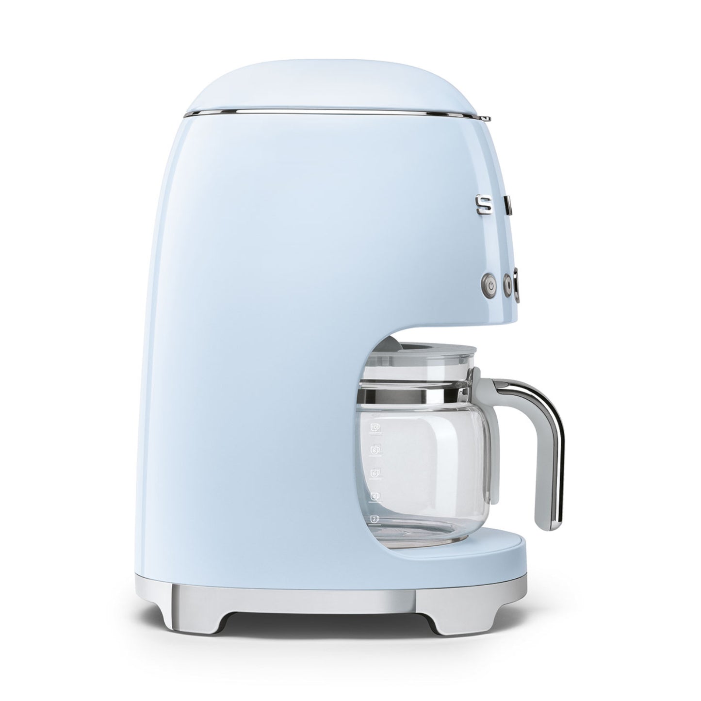 Cafetera SMEG azul claro lateral con jarra de vidrio y diseño retro
