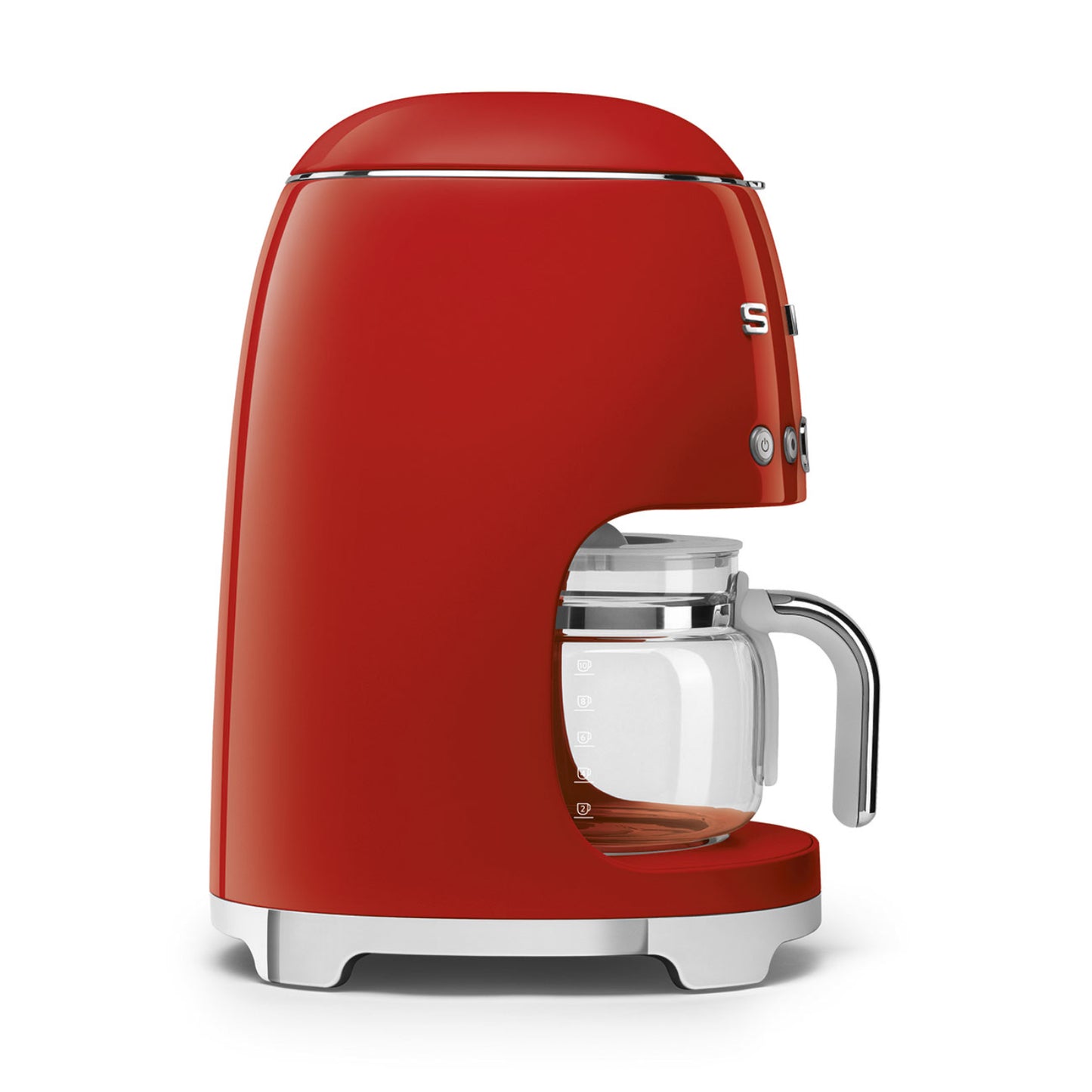Cafetera roja SMEG vista lateral con jarra de vidrio y base de acero