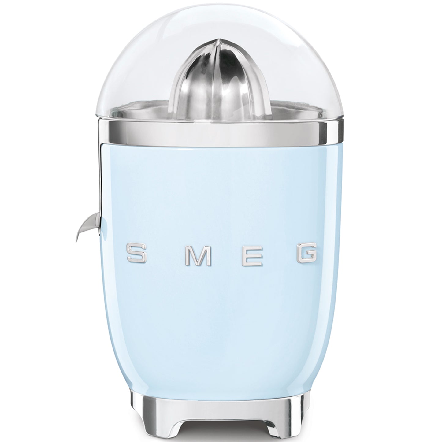 Exprimidor SMEG azul, frontal con tapa transparente, cocina moderna