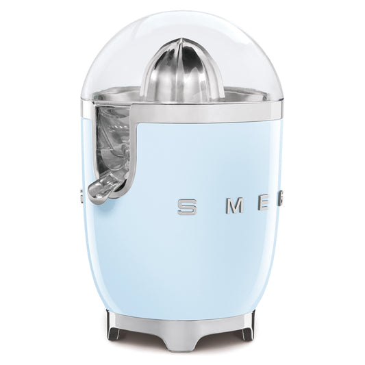 Exprimidor SMEG azul claro, vista lateral, estilo retro para cocina moderna