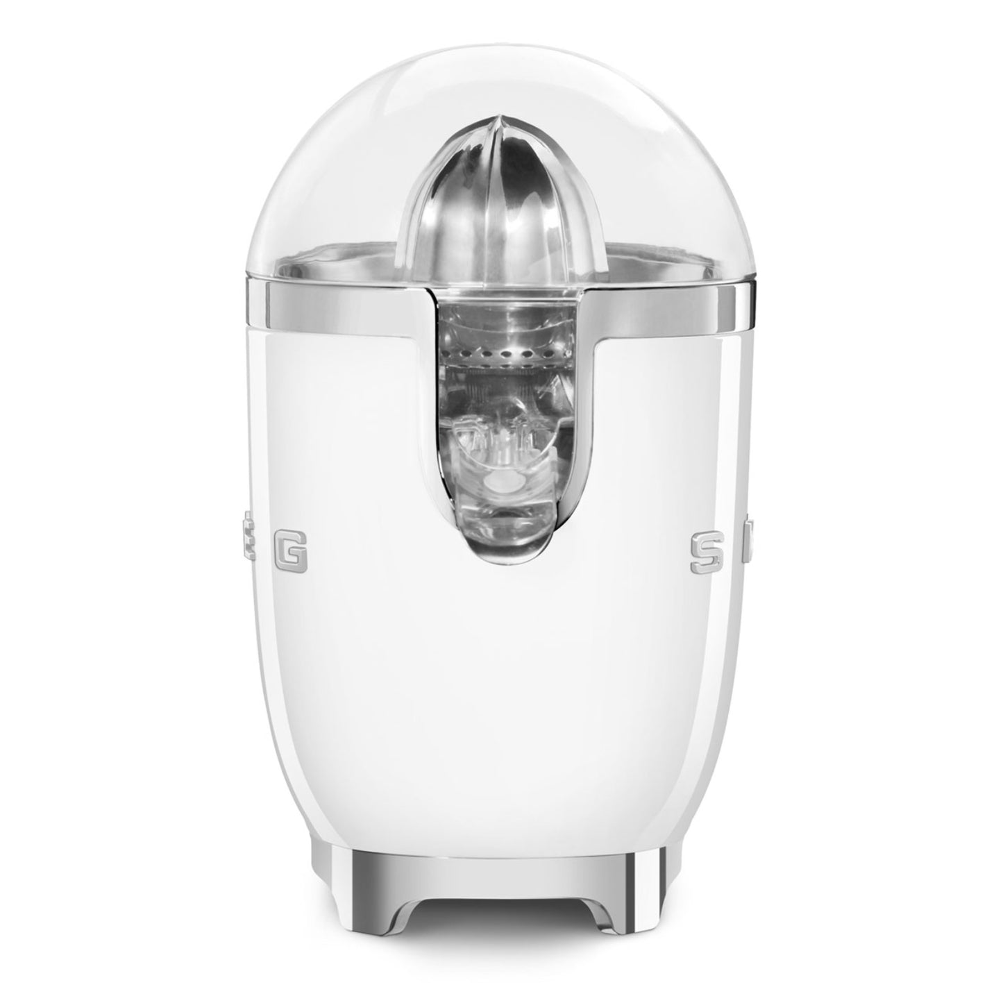 Exprimidor SMEG blanco frontal, diseño vintage, ideal para exprimir cítricos