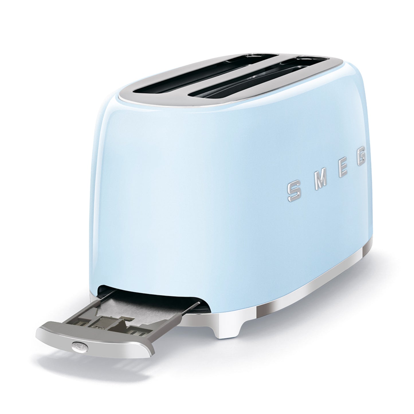 Tostadora SMEG azul claro vista lateral, ideal para cocina moderna