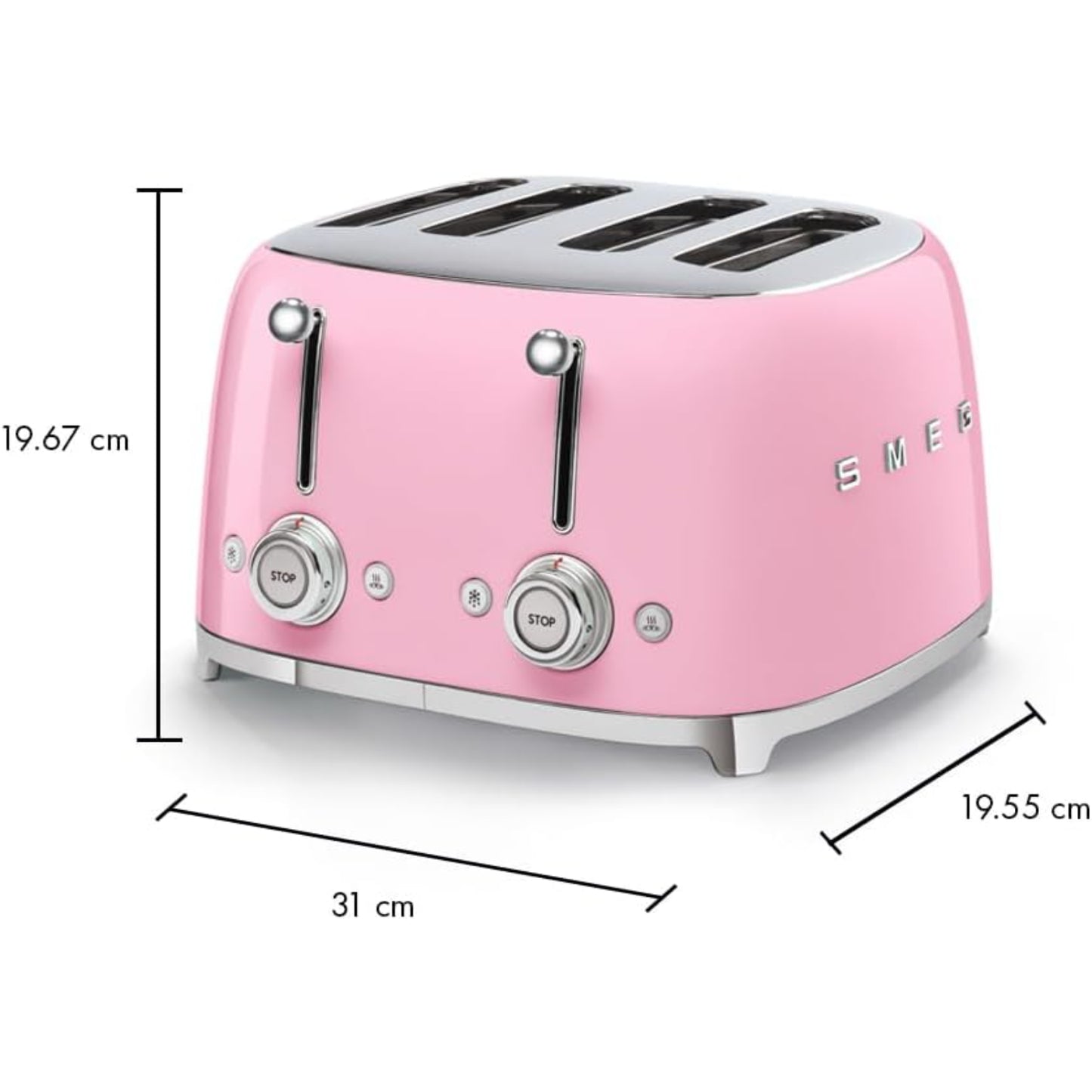 Tostadora rosa SMEG vista frontal, ideal para cocina moderna y desayuno