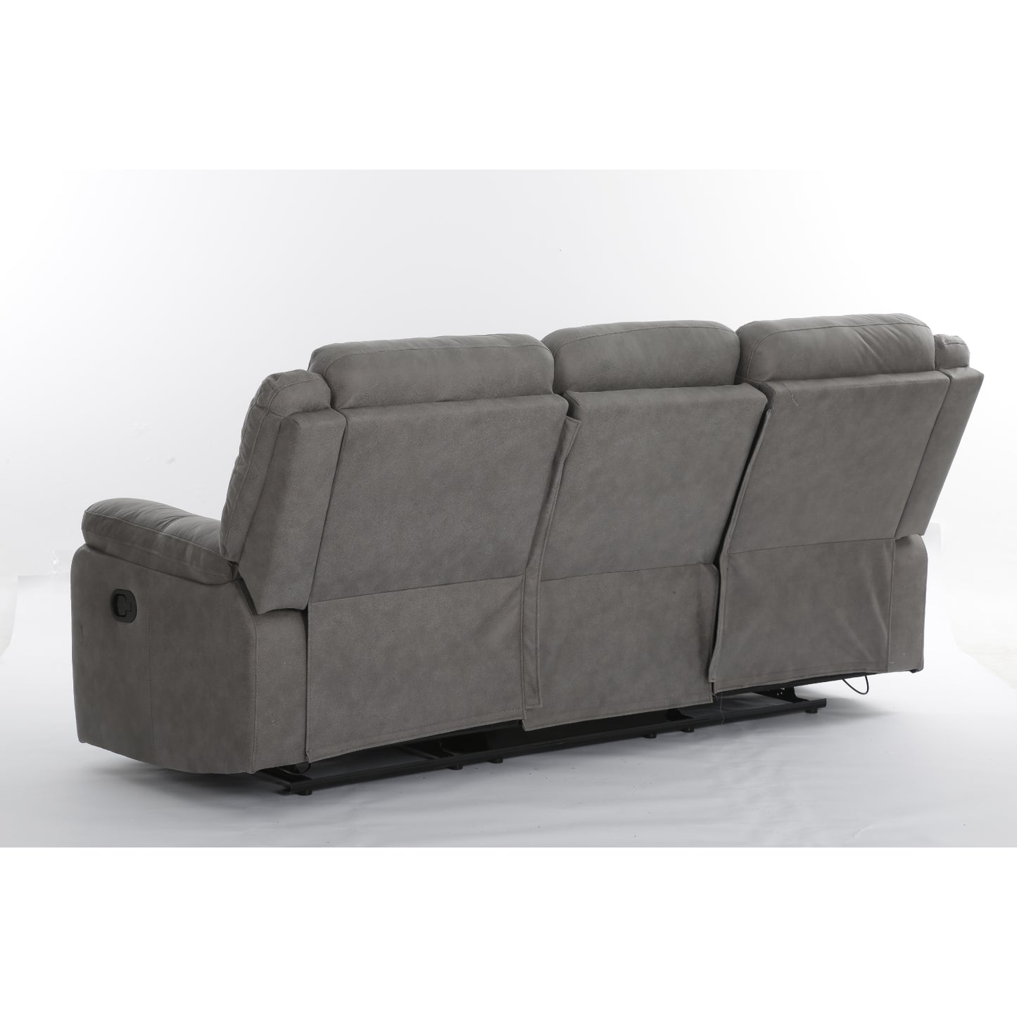 Vista trasera de sofá reclinable 3 plazas en tela gris con diseño moderno y cómodo