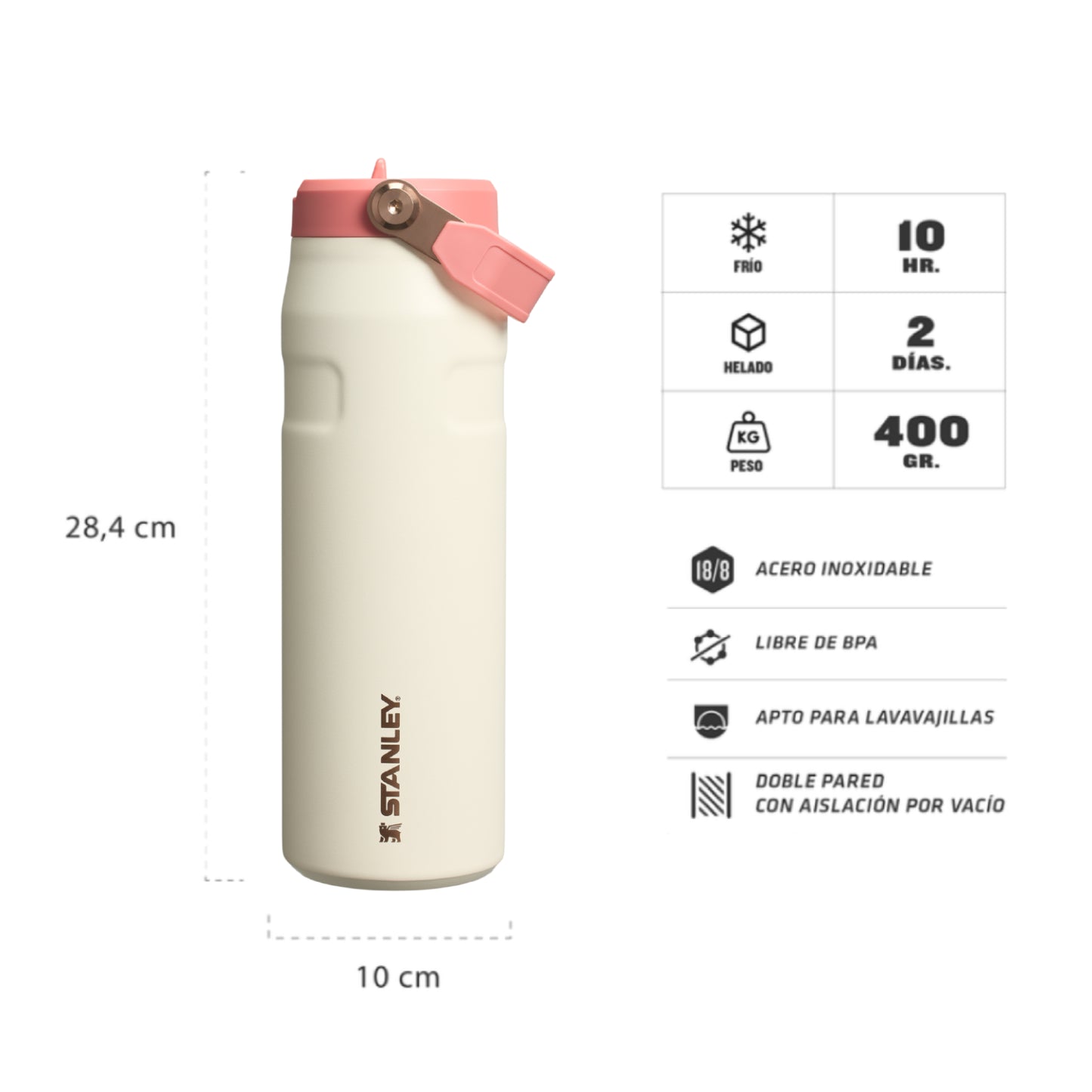 Termo Stanley 24oz con aislamiento en color blanco y tapa rosa, ideal para mantener bebidas frías por 10 horas
