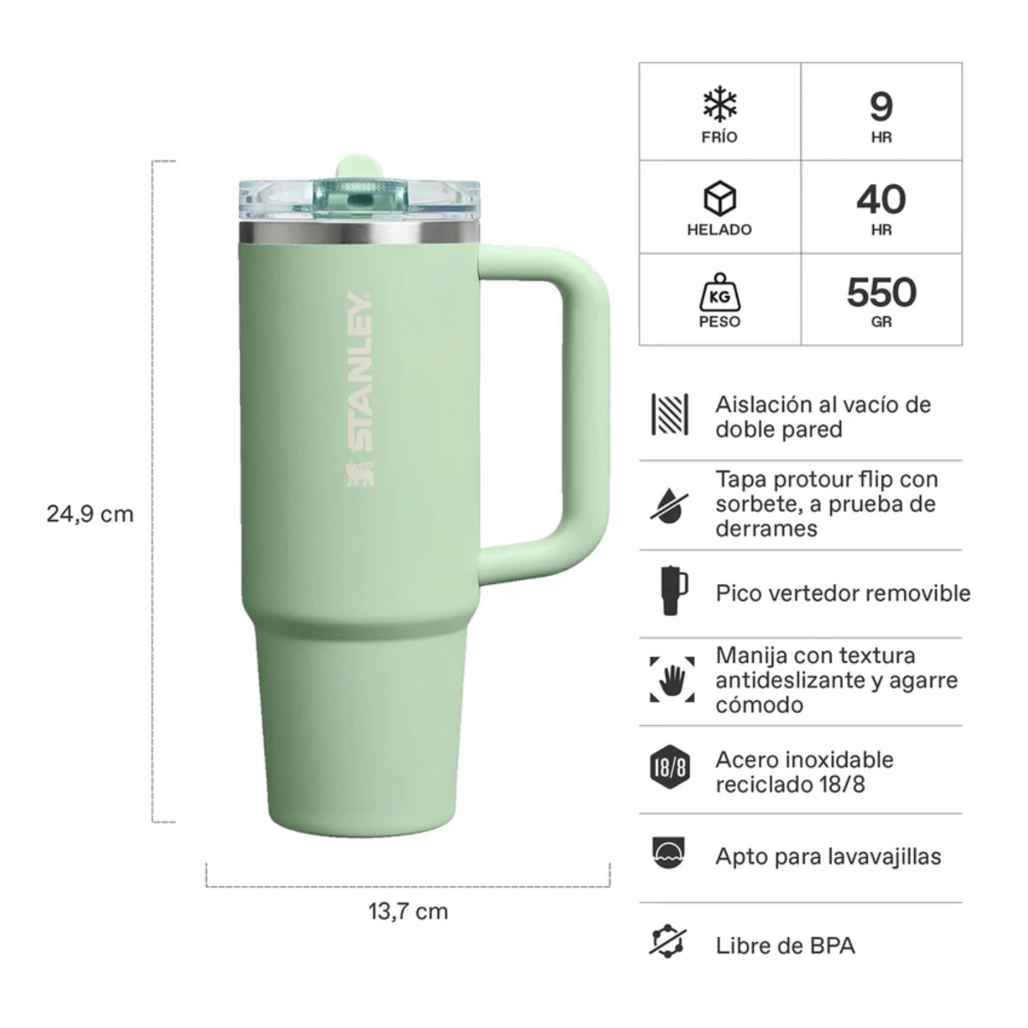 Vaso Stanley Quencher ProTour 30oz en verde con tapón a prueba de derrames y diseño ergonómico