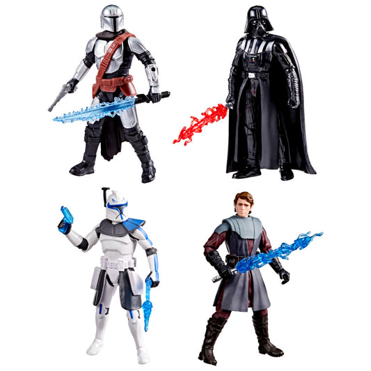 Figuras coleccionables Star Wars, Mandalorian y Darth Vader, acción y detalle en colores llamativos.