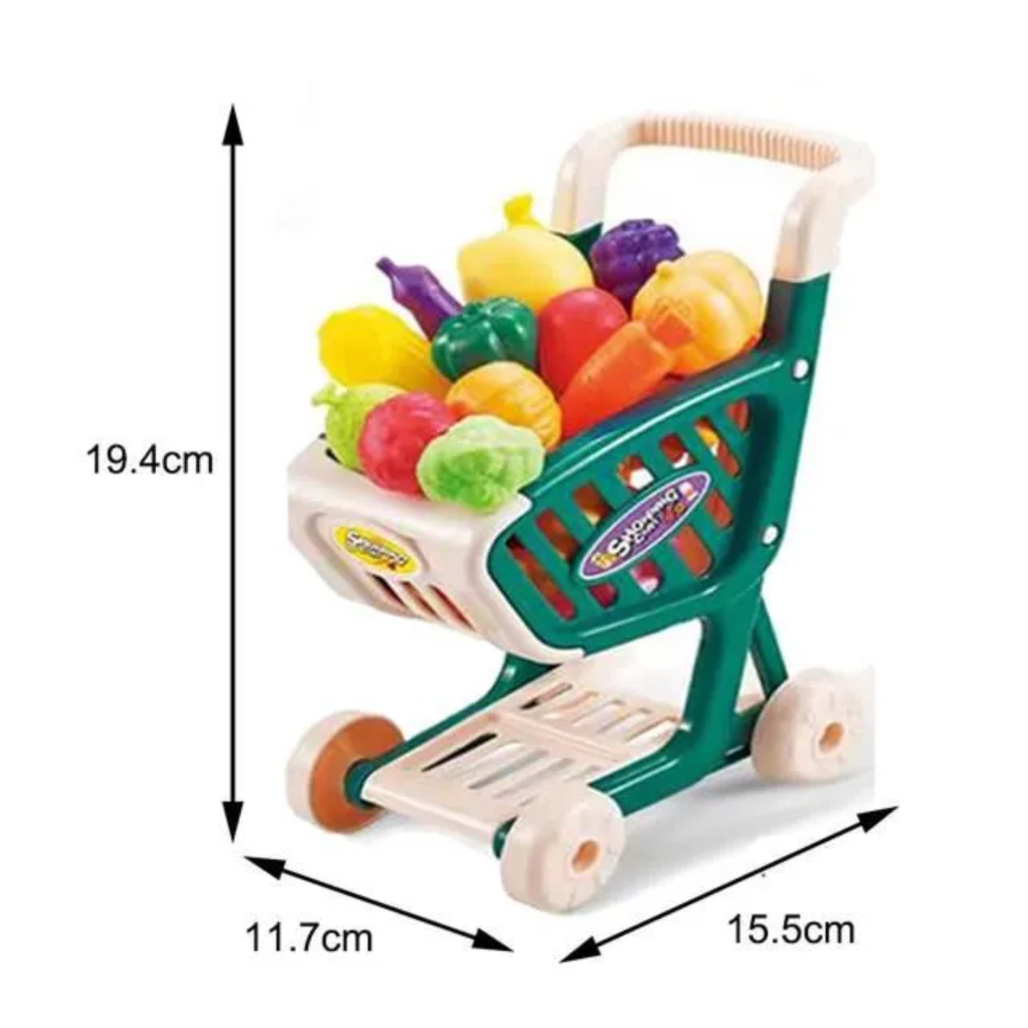 Carrito de compras verde con frutas y verduras de juguete, vista lateral, ideal para niños