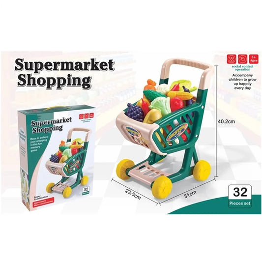 Carrito de compras verde con frutas y verduras de juguete, divertido y educativo