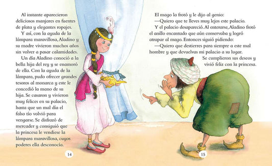 Libro colorido con ilustraciones de princesa y mago frente a cortinas
