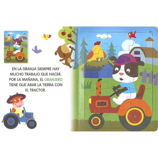 Libro infantil ilustrado sobre la granja con personajes y tractor
