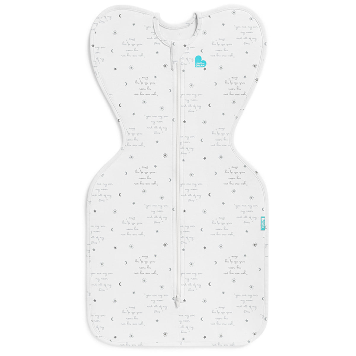Swaddle blanco LOVE TO DREAM con diseño de estrellas, vista frontal y suave tela
