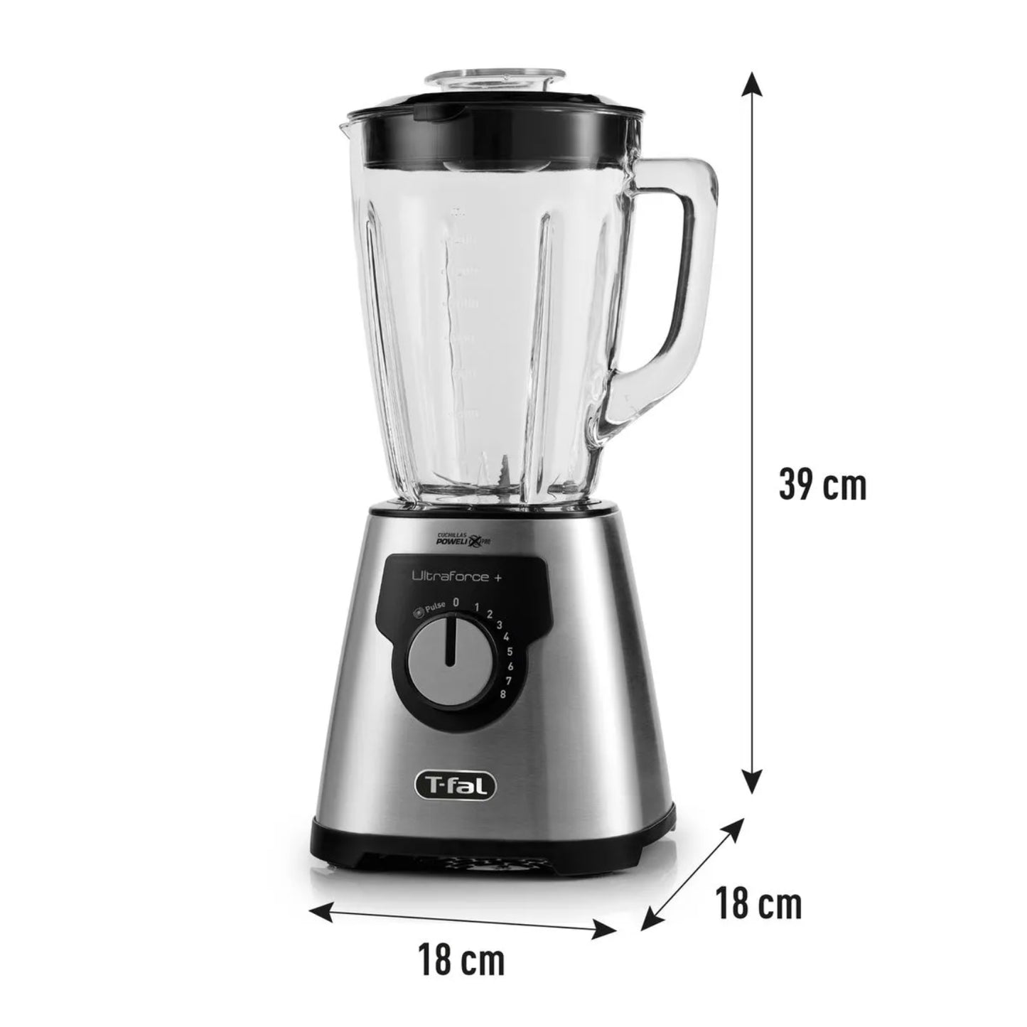 licuadora T-Fal plateada, vista lateral en fondo blanco