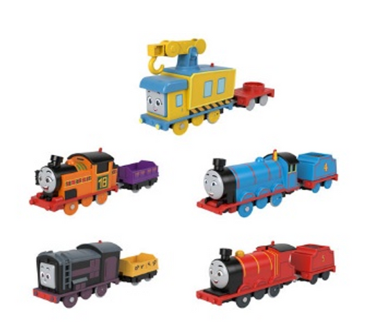 Trenes de juguete Mattel en colores vivos con locomotoras y vagones variados