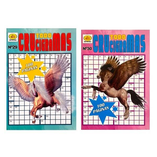 Revistas de crucigramas con imágenes de criaturas mágicas y 100 páginas cada una