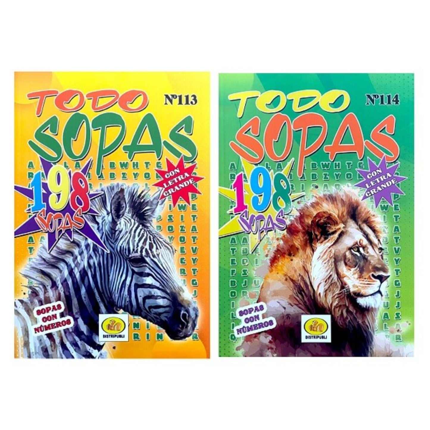 Libros de sopa de letras número 113 y 114 con imágenes de animales en la portada