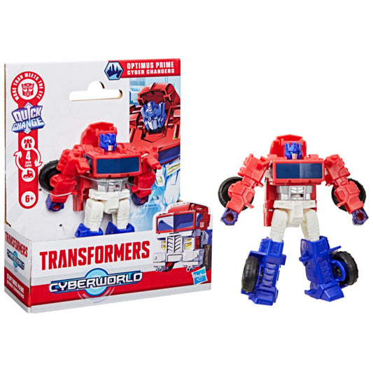 Figura de Transformers Optimus Prime, color rojo y azul, frente a su empaque.