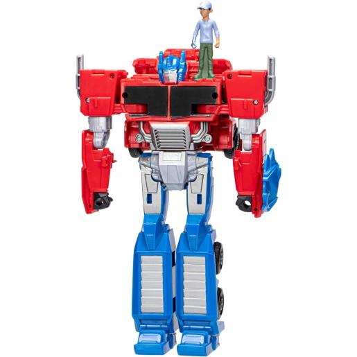 Transformers Optimus Prime robot rojo y azul con figura del conductor arriba