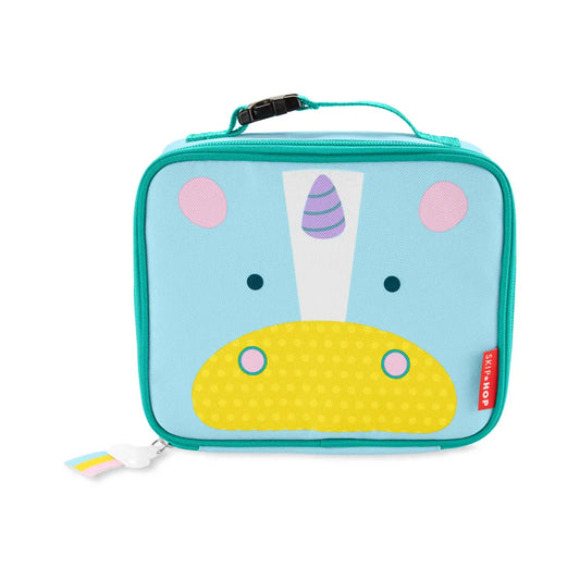 lonchera unicornio azul frontal, ideal para niños en la escuela