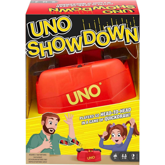 Juego UNO Showdown rojo, vista frontal, conjunto de cartas de juego para diversión en familia